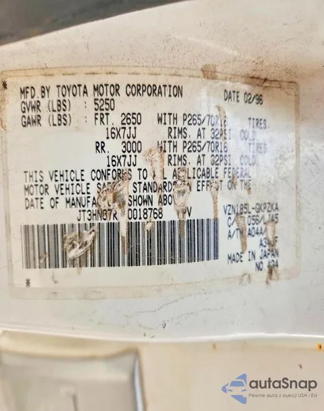 1996 Toyota 4Runner Limited z USA, uszkodzony, nr VIN JT3HN87R7T0018768